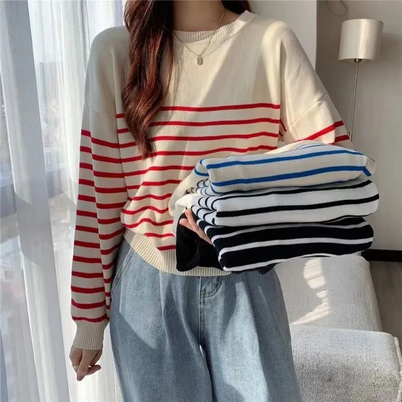 

LN New Women Autumn Winter Clothes Solid Round Neck Sweater Jumper Long-sleeved stripe Knitted Pullovers Shirt Female Tops
