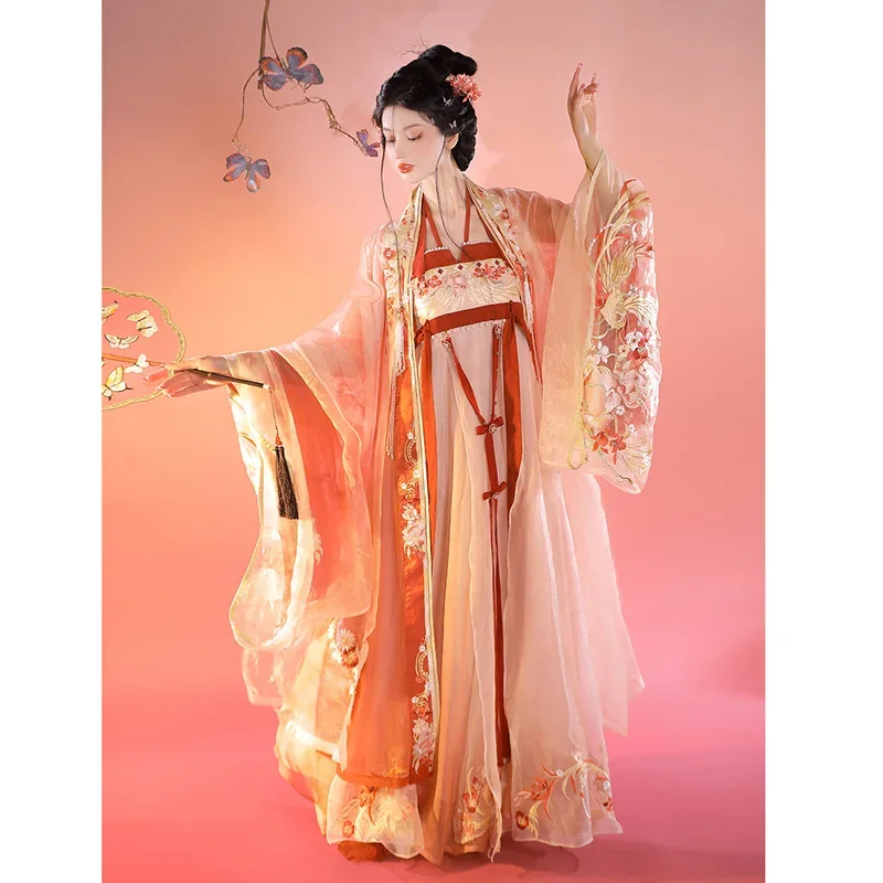 

TuQiQi Оригинальное розовое платье династии Тан с вышивкой с большими рукавами ханьфу для женщин китайская принцесса косплей карнавальные сценические костюмы