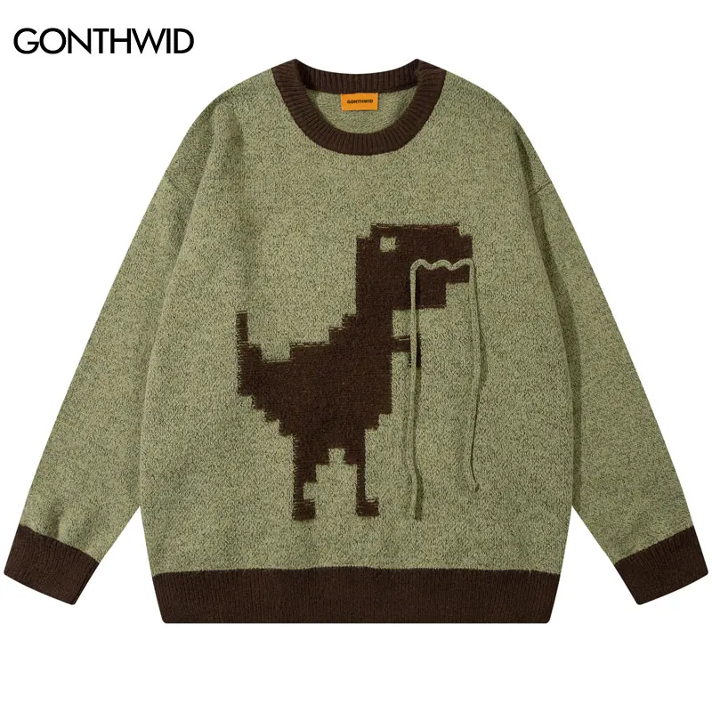 

Свитер в стиле Харадзюку с динозавром, уличная одежда, вязаный смешной пуловер в стиле хип-хоп с милым мультяшным рисунком, джемпер, Модные Повседневные свитера в стиле пэчворк, 2023