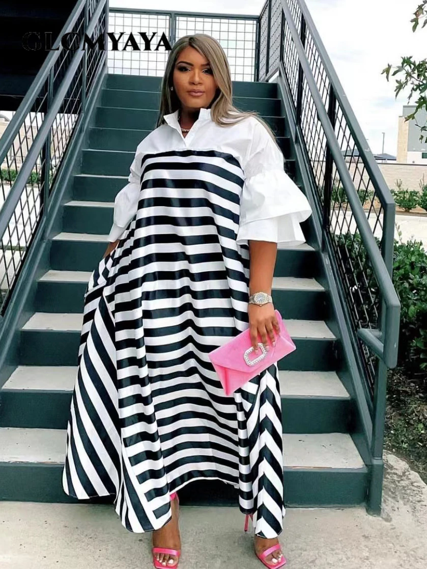 

GLCMYAYA Elegant Striped Patchwork Women Flare Half Sleeve Lapel Collar Loose Shirt Style Maxi Long Dress Streetwear Dresses