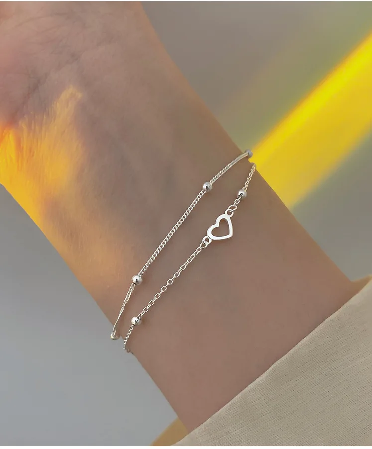 

New Silver Double Heart Hollow Bead Bracelet Women's Fashion Romantic Jewelry Classic Adjustable Temperament Gift