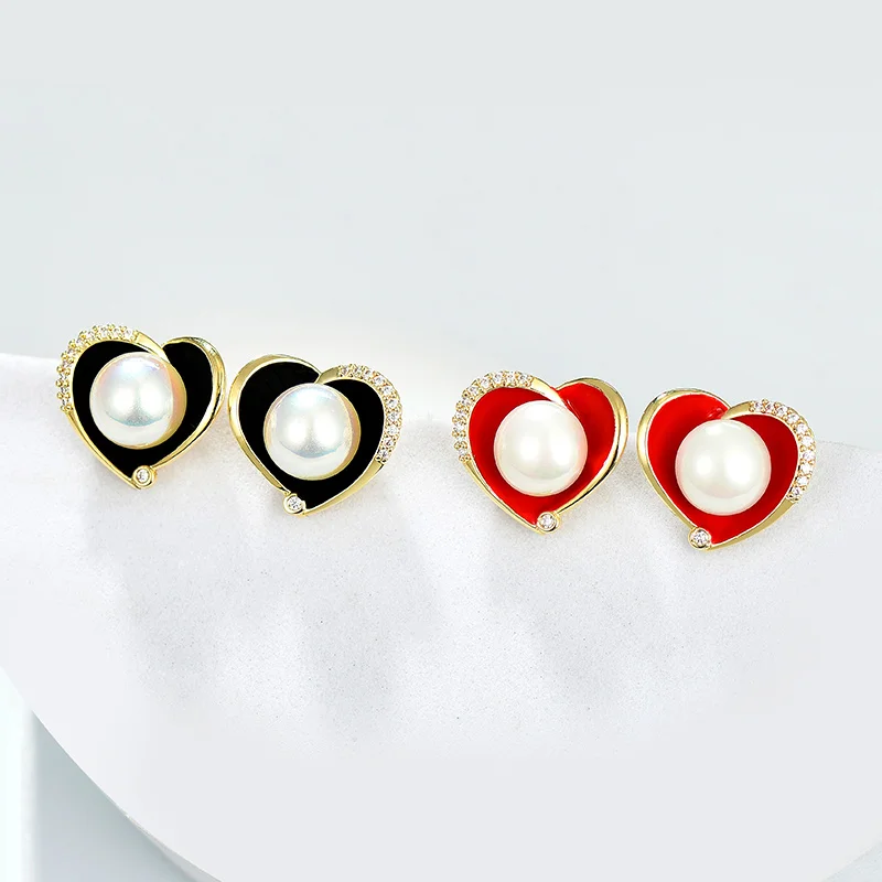 

Black Heart-shaped Pearl Earrings New Fashion Earrings Femininity Red Love Retro Fashion S925 Silver Needle