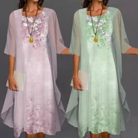 1 set office lady cardigan dress floral print large hem spring summer elegant chiffon shawl a line dress for daily wear