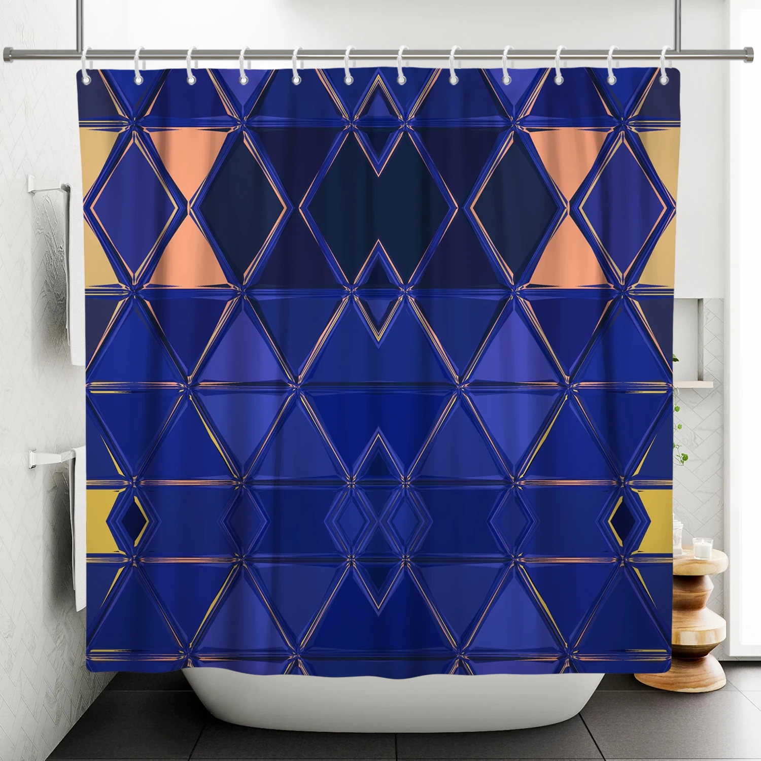 

Shower Curtain Backdrop Ocean Blue Teal Geometric Rhombus Bathroom Home Decor Fabric Polyester Washable Waterproof with Hooks