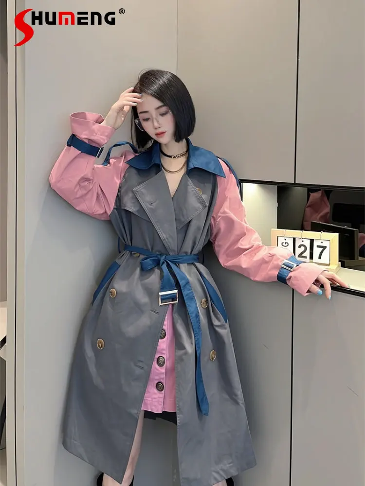

European Mid-Length Contrast Color Buttons Lace Up Trench Coat Fall 2022 New Women's Fashion Loose Lapel Trench Coats with Belt