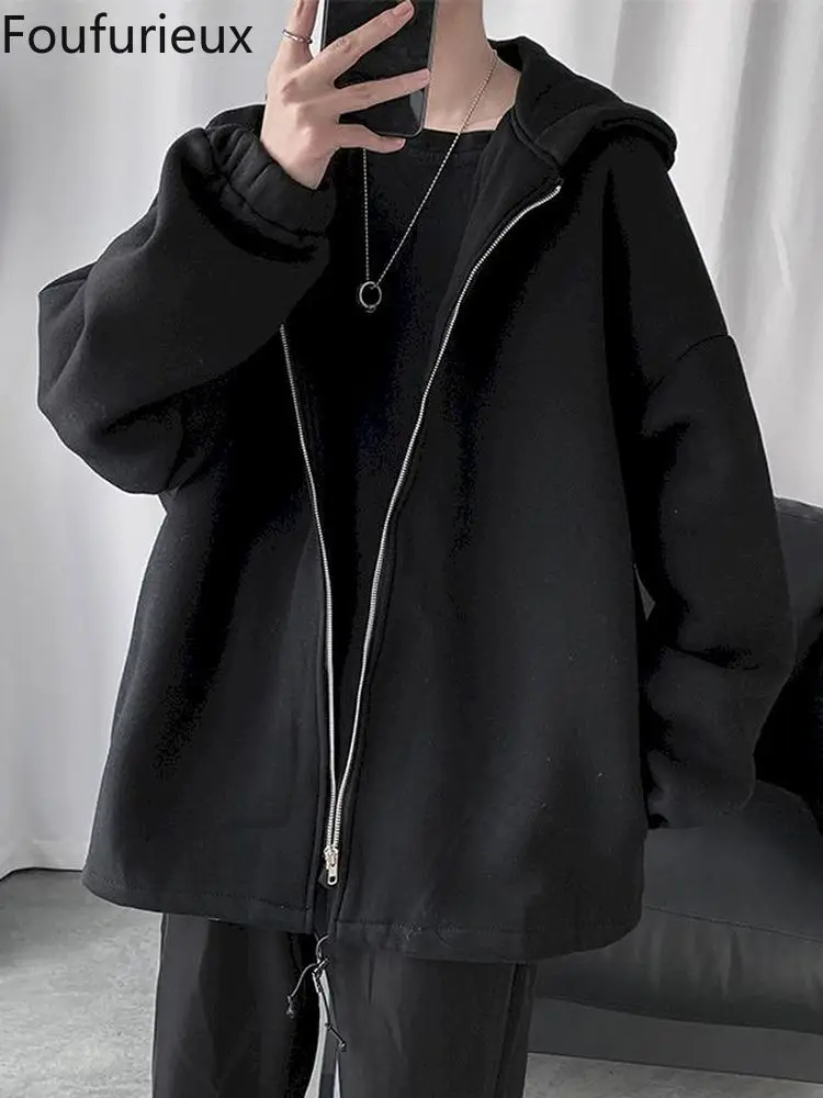 

Foufurieux 2022Autumn Hooded Men Jacket Oversized Casual Men Windbreaker Harajuku Solid Sweatshirt Men Clothing Lounge Wear Yes