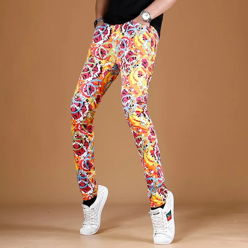 Jeans Men 2022 Summer Fashion Colourful Printed Pants Streetwear Graphic Jean Casual Straight Slim Fit Denim Trousers