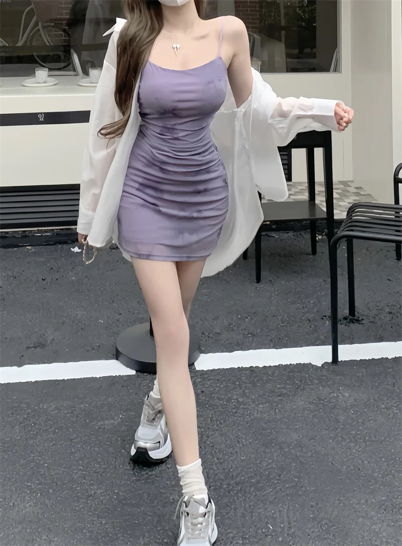 Женское Сетчатое платье на бретельках фиолетовое летнее сексуальное