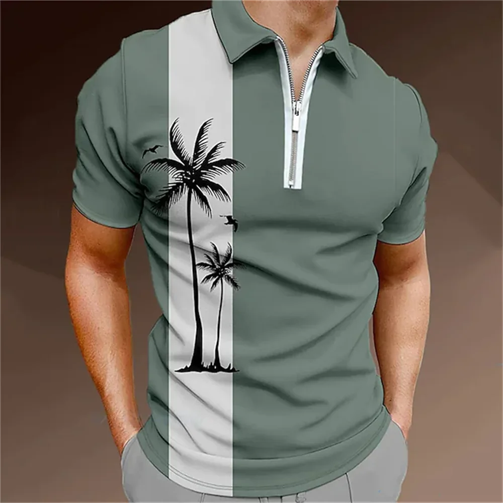 

Summer T-shirts Men Men's Zip Polo Work Wear Turndown Clothes Tops Quarter Short Sleeve Fashion Classic Style Tropical Zipper