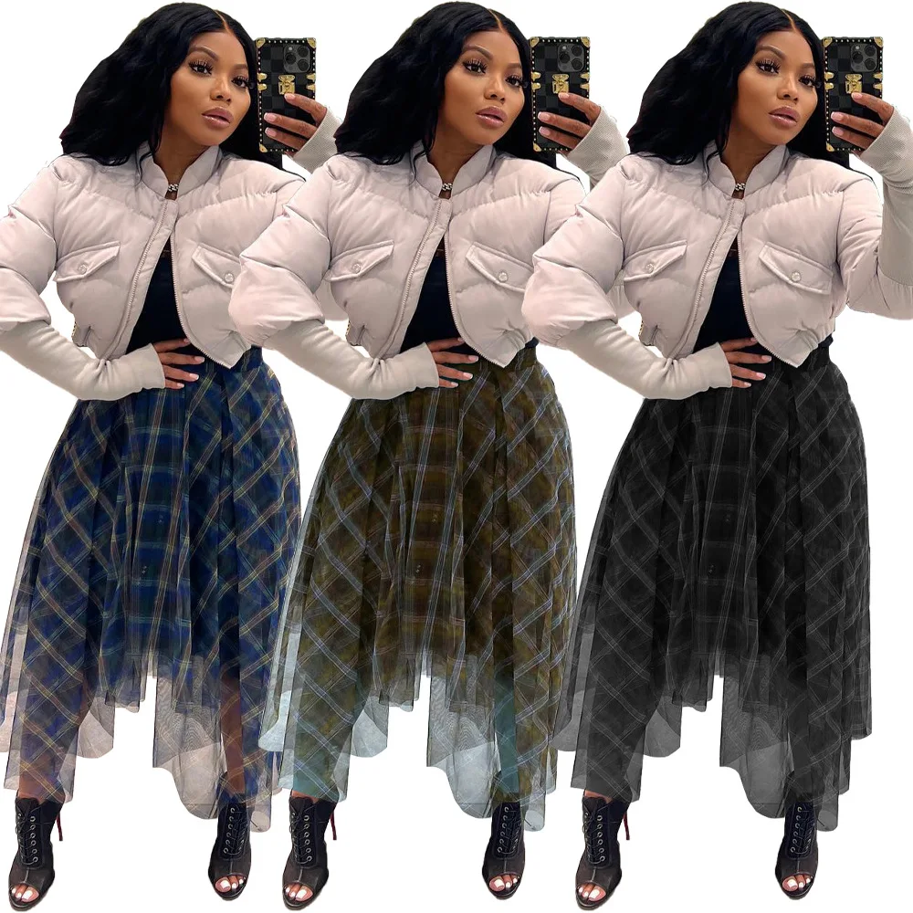 

Autumn Winter Fashion Street Plaid Printing Mesh Skirt Women Elastic Irregular Poncho Mesh Skirt Women
