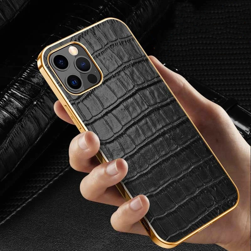 Luxury Genuine Leather Soft Case For Iphone 14 13 12 11 Pro Max Plus Mini Plating Crocodile Pattern Lens Protection Phone Cover