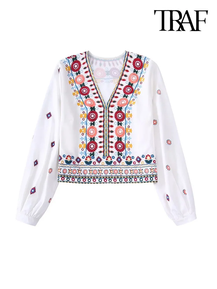 

TRAF Women Fashion Contrast Printed Blouses Vintage V Neck Long Lantern Sleeve Female Shirts Blusas Chic Tops