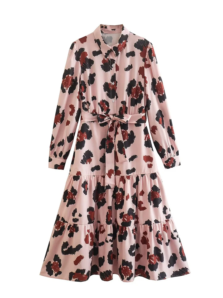 

YENKYE 2022 Women Vintage Print Shirt Dress With Belt Long Sleeve Female Midi Dress Autumn Vestido