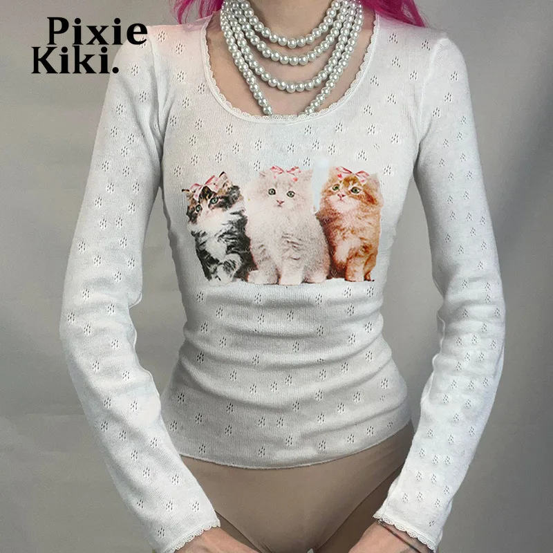 

PixieKiki Y2k Fashion Tops Cute Graphic T Shirts Kawaii Girls Lace Trim White Knit Long Sleeve Tees 90s Vintage Clothes P84-CB11