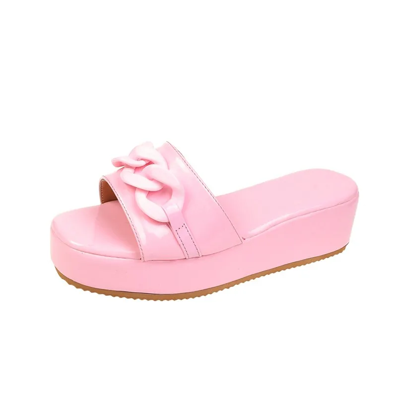 2022 New Summer Women's Platform Shoes Outdoor Beach Metal Chain Wedge Sandals Fashion Designer Slippers Casual Flip-flops