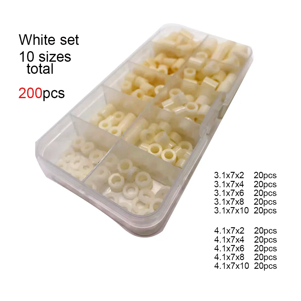 

200 шт./компл. M3 M4, 10 размеров, черный, белый, АБС-пластик, нейлон, пластик, без резьбы, прокладка, полая стойка, набор шайб, коробка, ассортиментный комплект