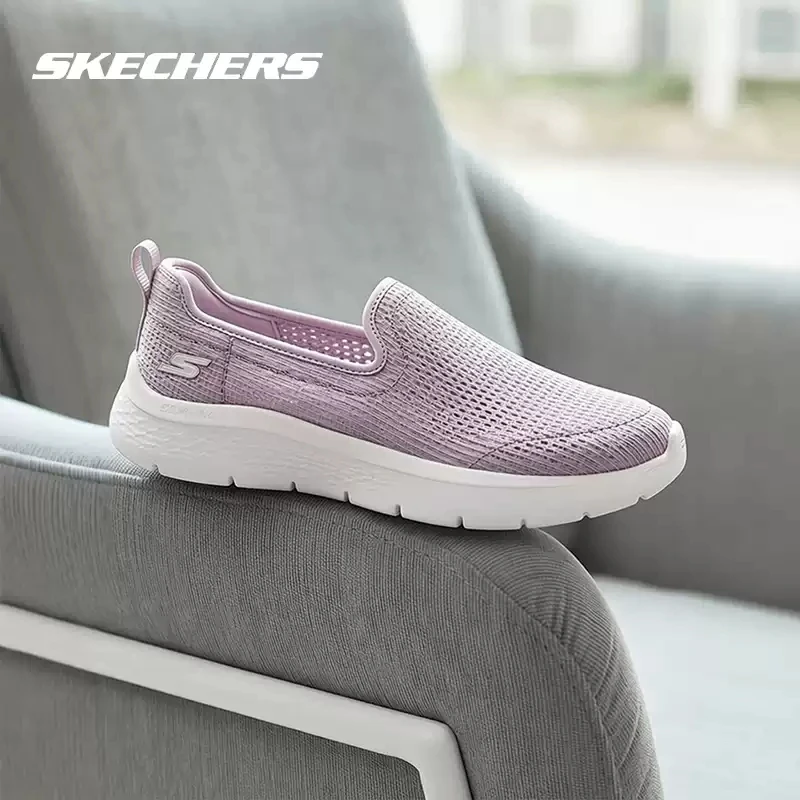 Фото Женские прогулочные туфли Skechers без шнуровки, цвета маво, из трикотажной сетки, с легкой амортизацией и поддержкой свода стопы, удобные повседневные лоферы, кроссовки 124847-MVE №1