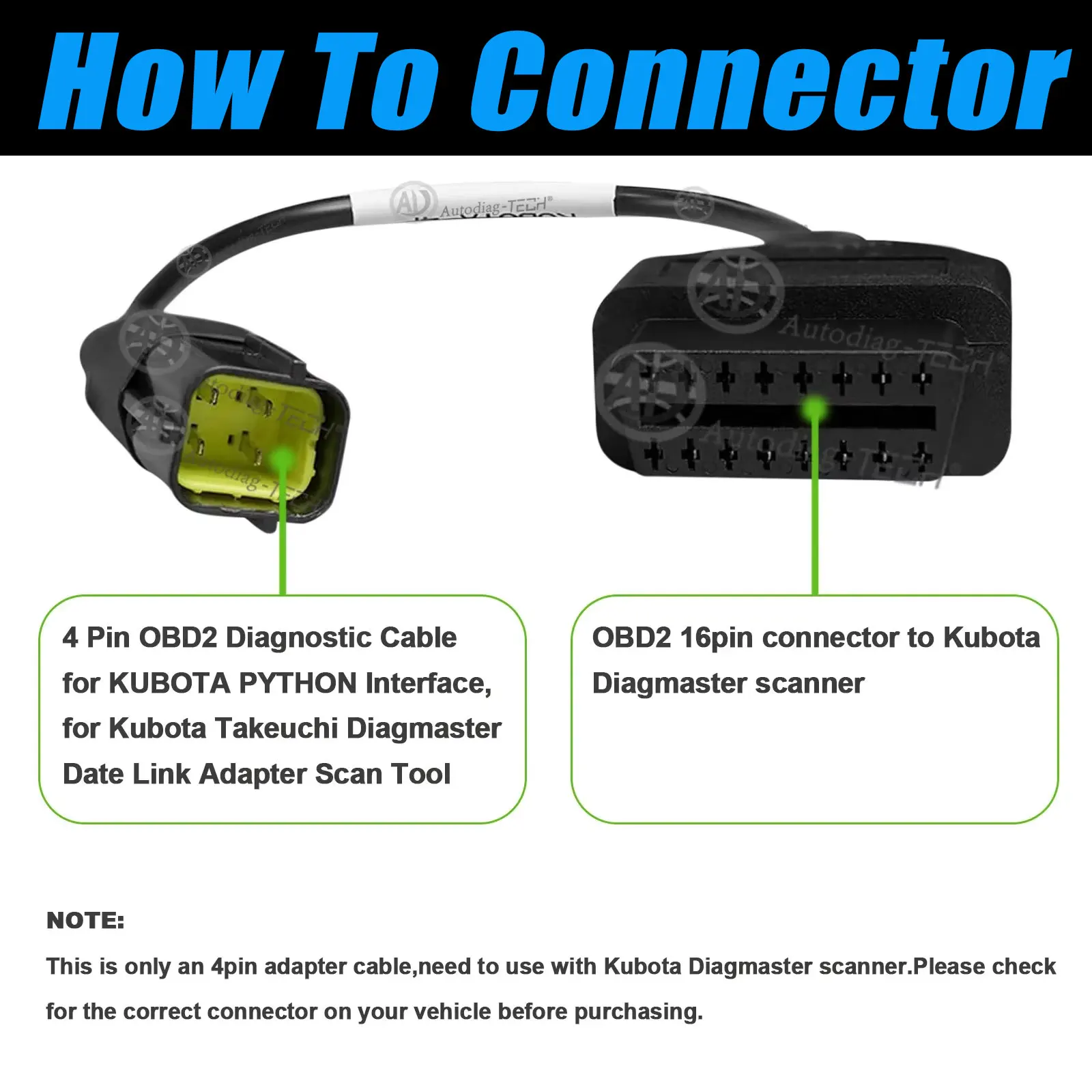 Фото Диагностический кабель OBD2 для Kubota и Takeuchi, 4-контактный, для интерфейса Python, адаптер OBDII для Kubota, совместимый с Diagmaster. №3