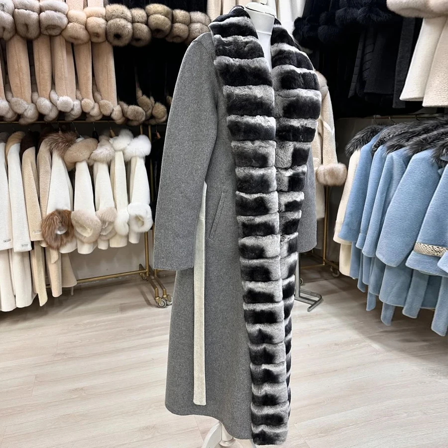 Женское зимнее шерстяное пальто роскошный длинный кардиган из натуральной кожи