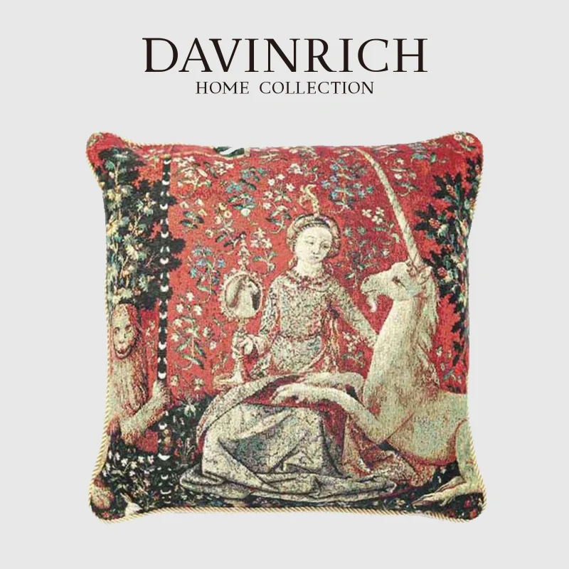 

Двусторонний жаккардовый чехол для диванных подушек DAVINRICH с изображением итальянского Возрождения, дамы и единорога