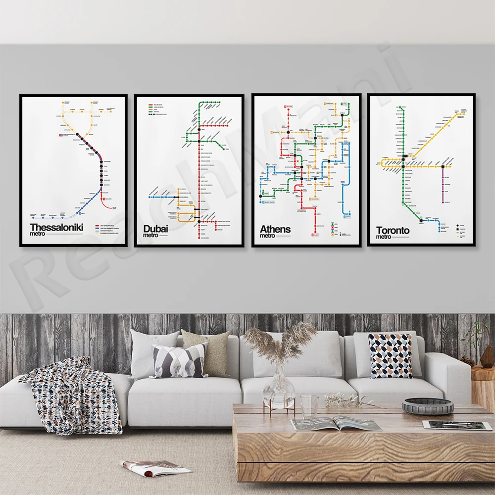 

Thessaloniki Greece, Athens Metro, Montreal Metro Canada, Dubai Metro, Toronto Canada 2021 Metro Map Typographic Poster