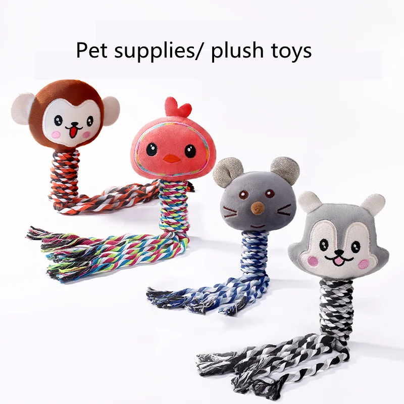 

Funny Soft Plush Rope Cute Squeaky Sound Toys Fox Monkey Chick Chew Dog Toy Accessories Supplies Cotton Knot Vocal Toy