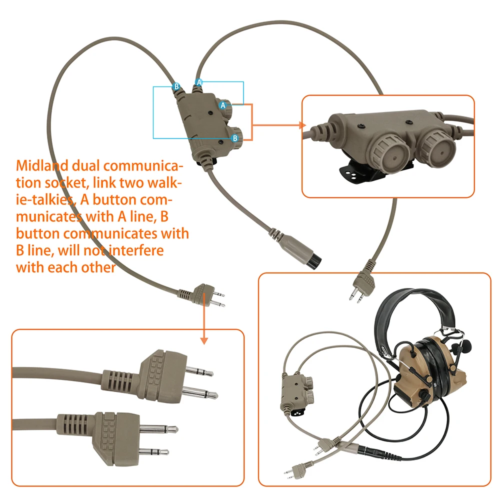 Tactical Headset U94 Ptt Dual Push To Talk RAC Ptt Midland 2 Pin Plug for Airsoft Shooting Hunting Headphone with 7.00mm Plug