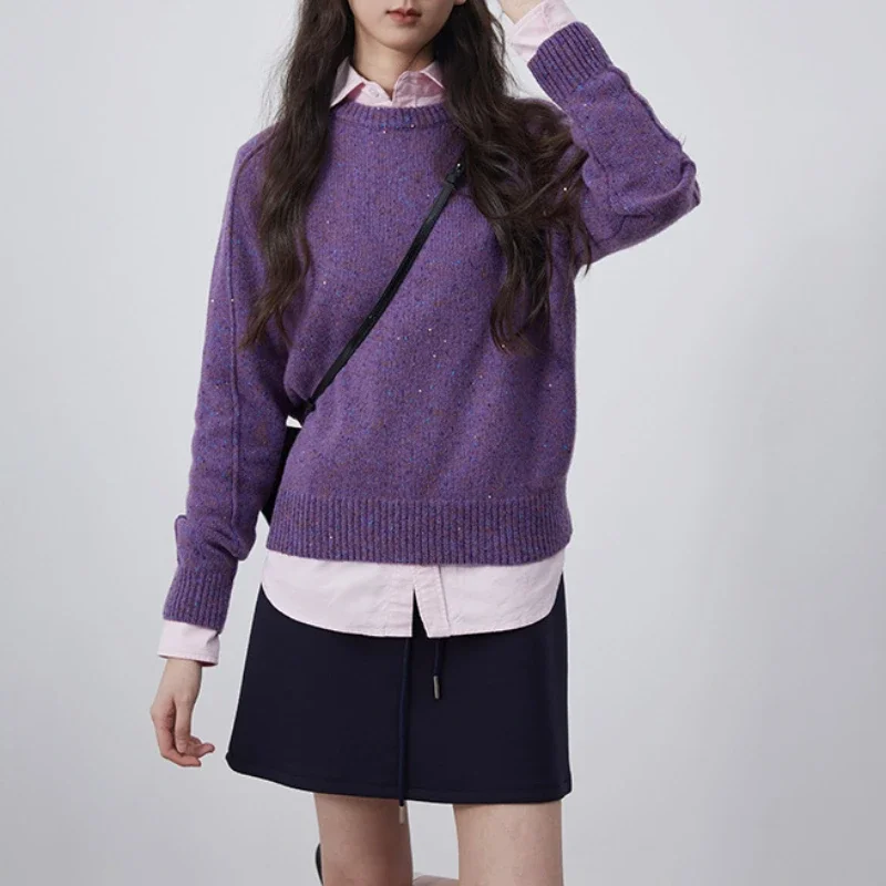 Женский трикотажный пуловер с круглым вырезом и длинным рукавом