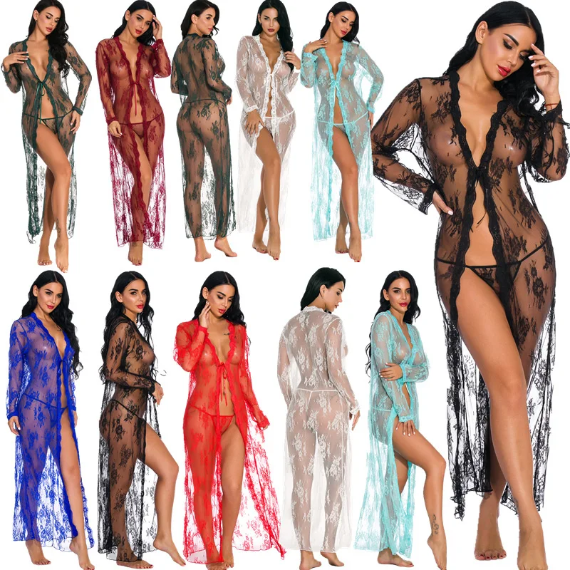 

Sexy Long Sleeve Lace Robe New Women Dress Fashion Solid Perspective Pajamas Robe Sleepwear Underwear Lingerie Satin Silk Belt