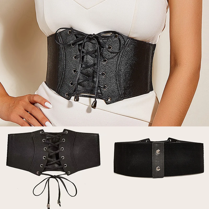 

Black Dress Waistbands Elastic Corset Wide Belt Pu Leather Slimming Body Belt Litchi Leather Fan-shaped Waist Seal Punk Style