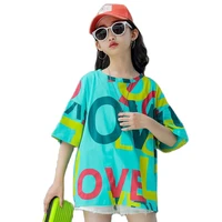 new 2022 summer polyester girls t shirt korean version magazine style fashion loose letter print casual cosy childrens clothing
