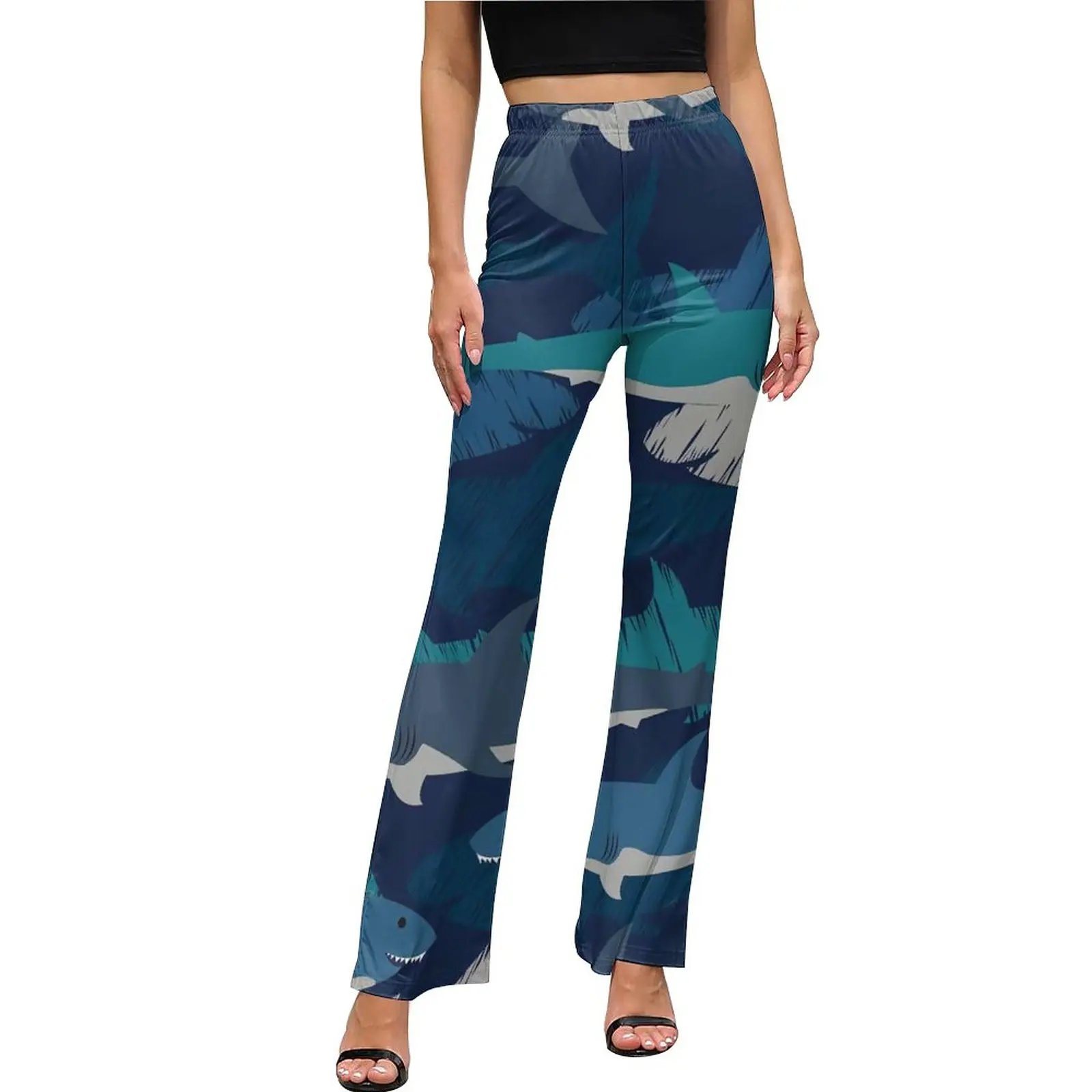

Shark Print Pants Elastic Waist Abstract Sharks Design Aesthetic Flared Pants Daily Classic Printed Oversized Trousers