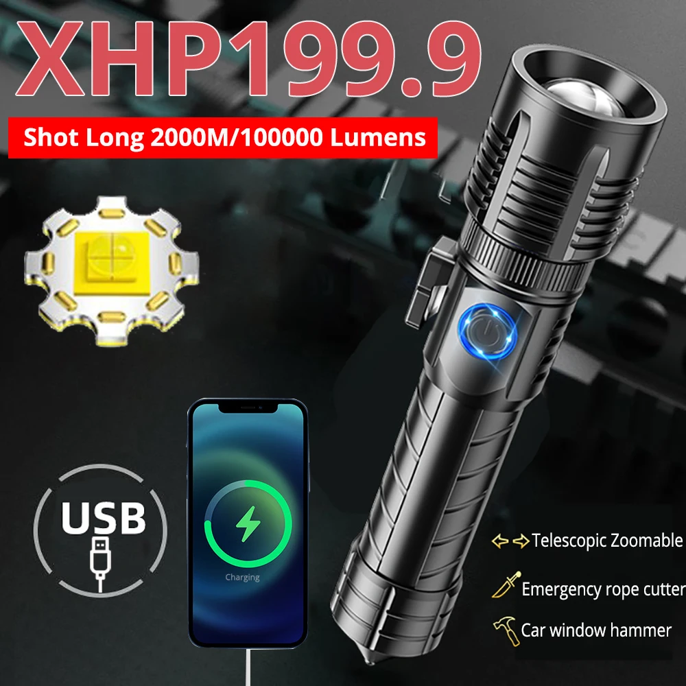 

XHP199.9 LED Flashlight Shot Long 2000M High-power Telescopic Focusing Strong Light Flashlight USB Rechargeable Tactical Lantern