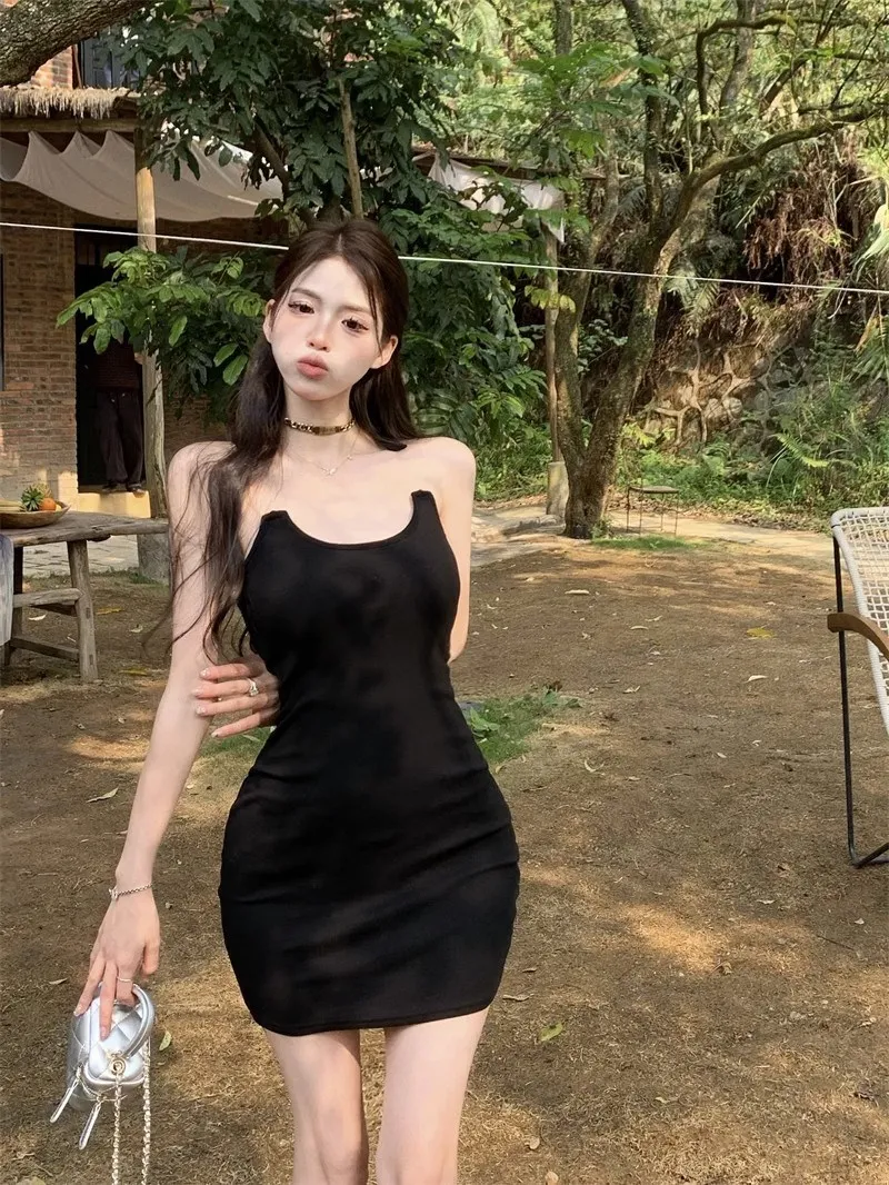 

Summer new invisible sling dress pure color sleeveless long dress sexy package hip elegant temperament campus casual hot girl