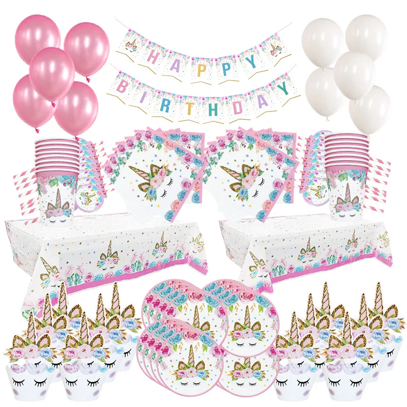 

Unicorn Birthday Party Decor Kids Unicorn Disposable Tableware Set Baby Shower Girl Birthday Party Decorations Supplies Balloons