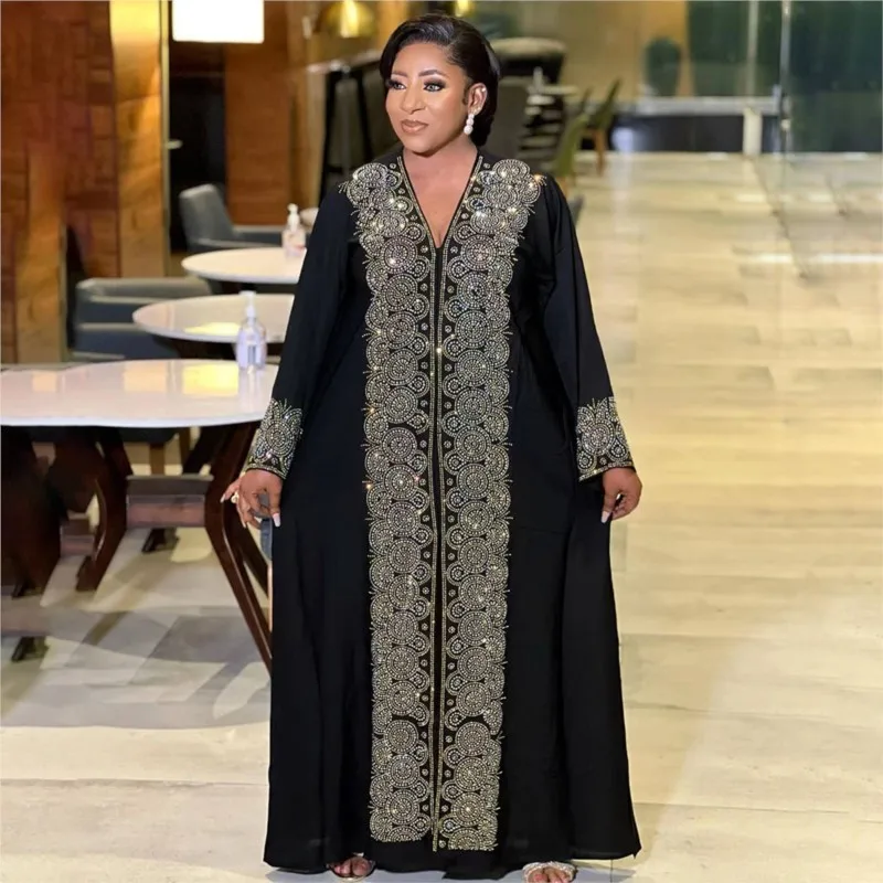 

Black Muslim Maxi African Dresses For Women Long Sleeve Diamond Evening Gown Dubai Kaftan Abaya Robe Fashion Loose Boubou Dresse