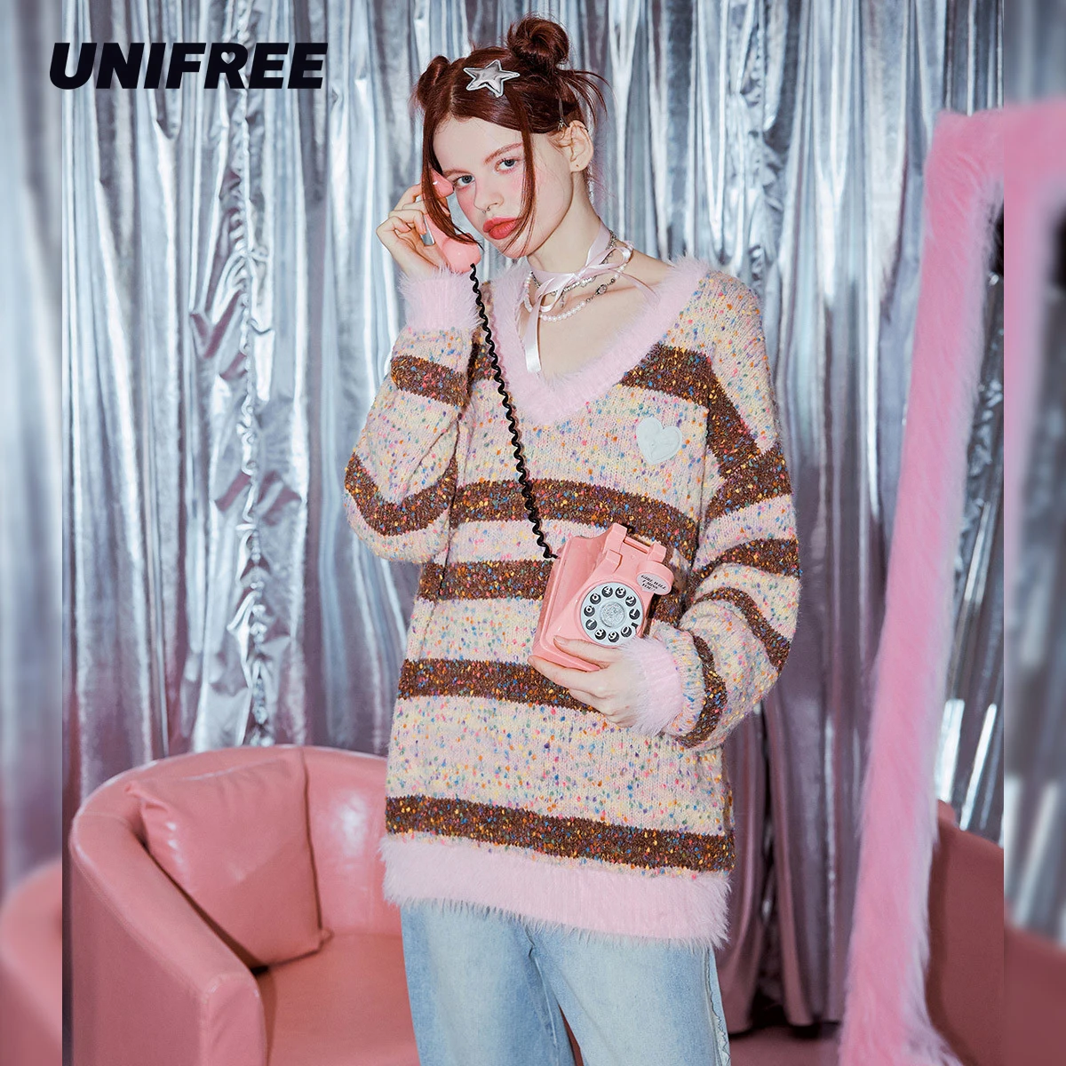 

UNIFREE Stripe Loose Sweater Women Furry Knitted Colored Yarn Sweaters Y2K Streetwear Harajuku Sexy Tops