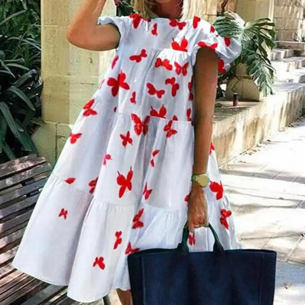 

Floral Print Large Hem Summer Dress O-Neck Flying Short Sleeve Mini Dress Sweet Floral Print Large Hem Summer Dress for Dating