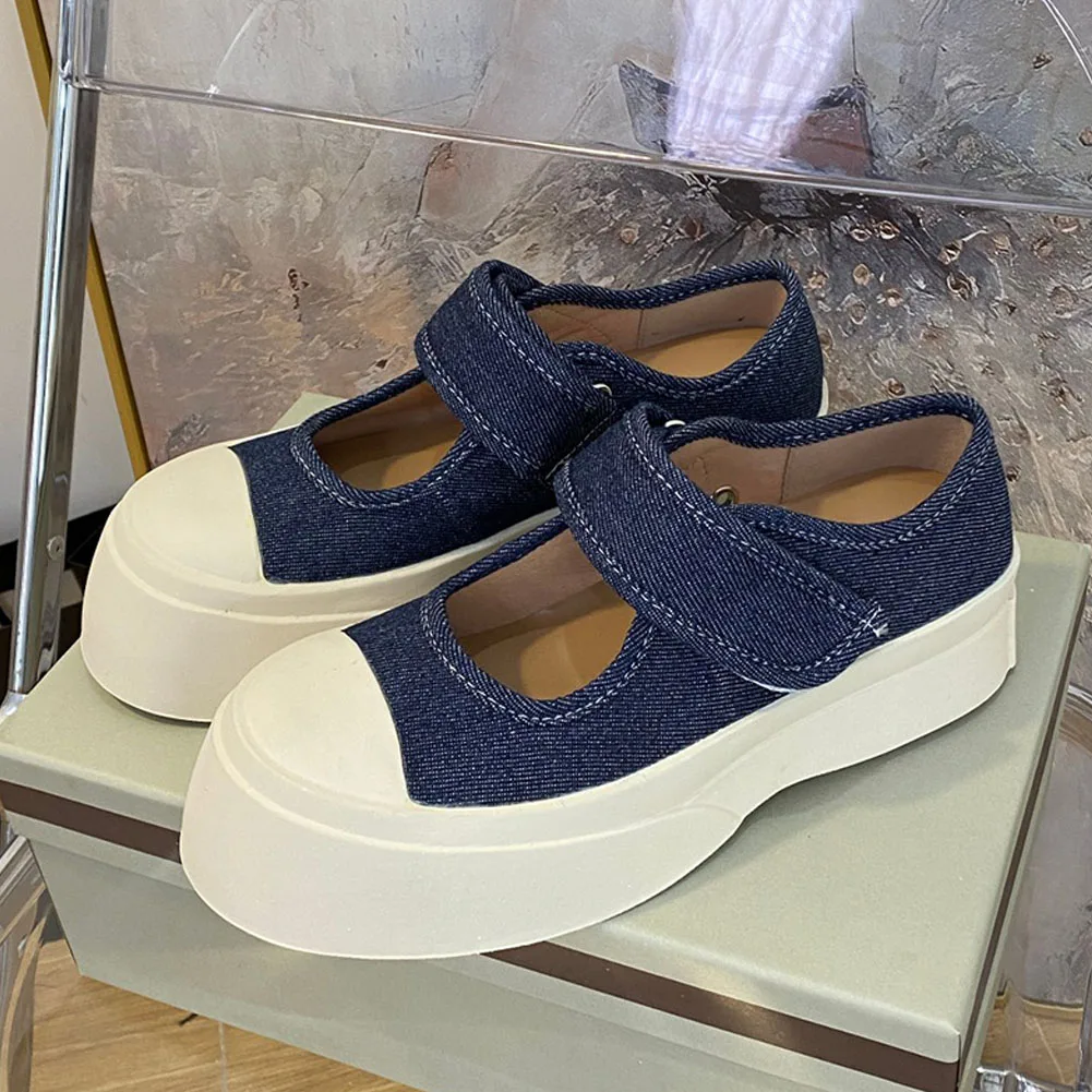 Top Quality Women Flats 2023 Spring Summer Casual Mary Jane Flats Denim Blue Comfy Walk Designer Rubber Fashion Vulcanized Shoes