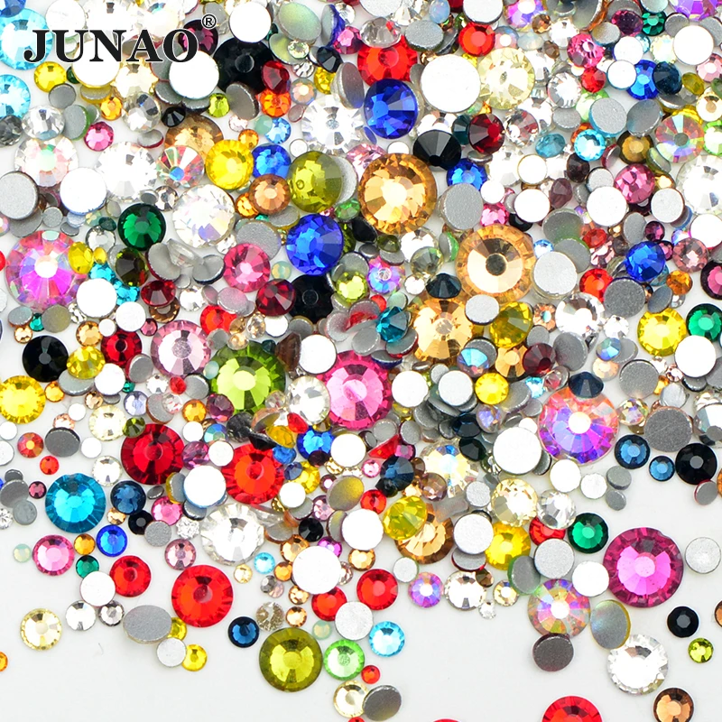 

JUNAO 1400pcs Mix Size Random Normal Color Glass Rhinestone Flat Back Crysals Non Hotfix Strass Stones For Nail Art Decoration