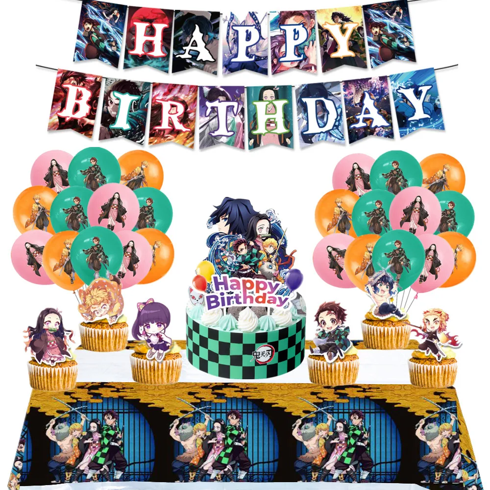 Demon Slayer-Conjunto de globos para decoración de fiestas, pancarta de cumpleaños, decoración para Tartas, mantel de Anime para Baby Shower, suministros para fiestas de niños