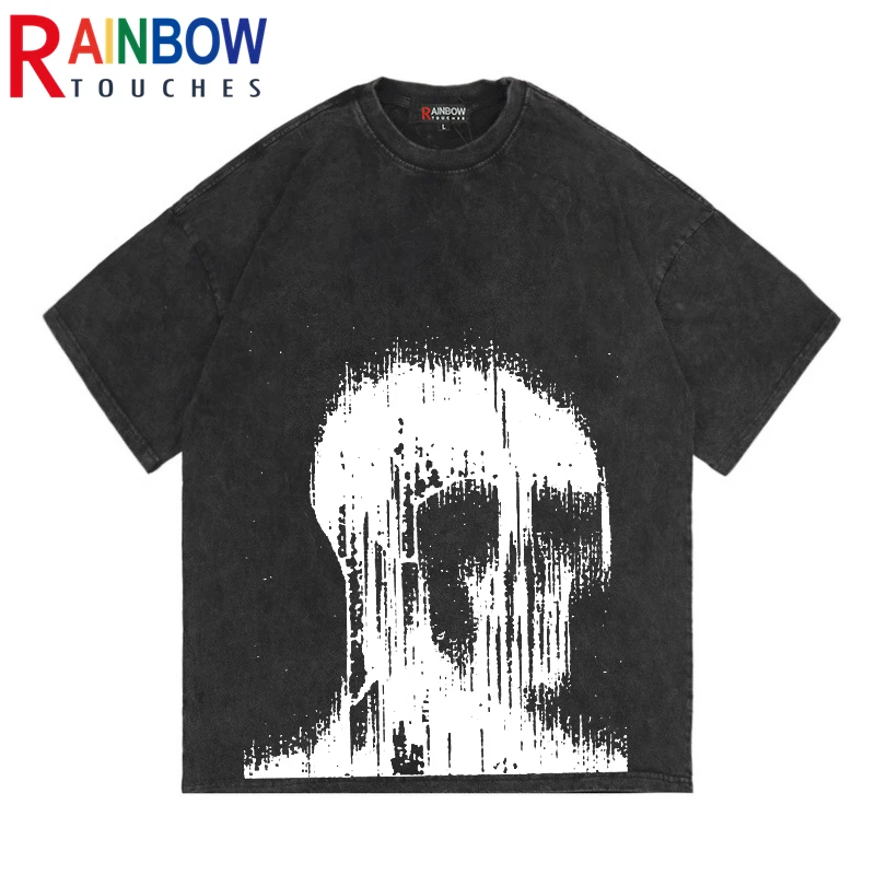 

Rainbowtouches 2022 Brand Vintage Mens T-Shirt Men High Street Tidal Current Skulls Pattern Acid Wash t T Shirt Men Abstract