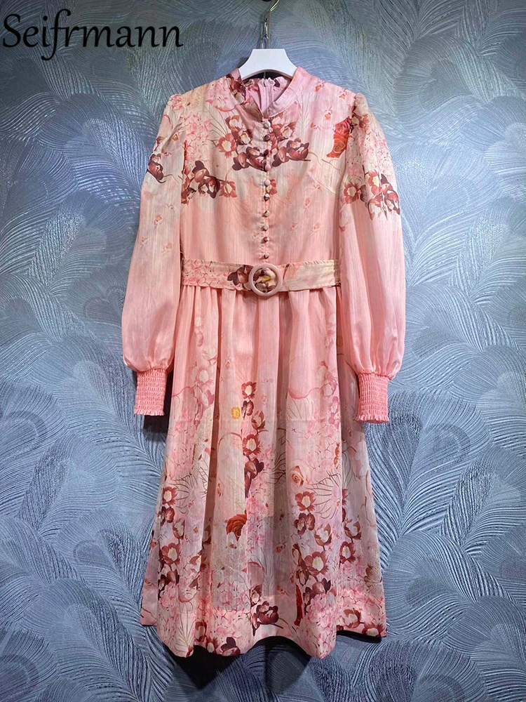 

Женское платье-миди с поясом, длинным рукавом-фонариком и цветочным принтом