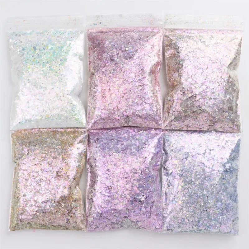 

50g/Bag Fairy Tears Color Changing Nail Glitter Mix Dust Chrome Pigment Iridescent Mermaid Chunky Glitter Bulk Nail Art Decals