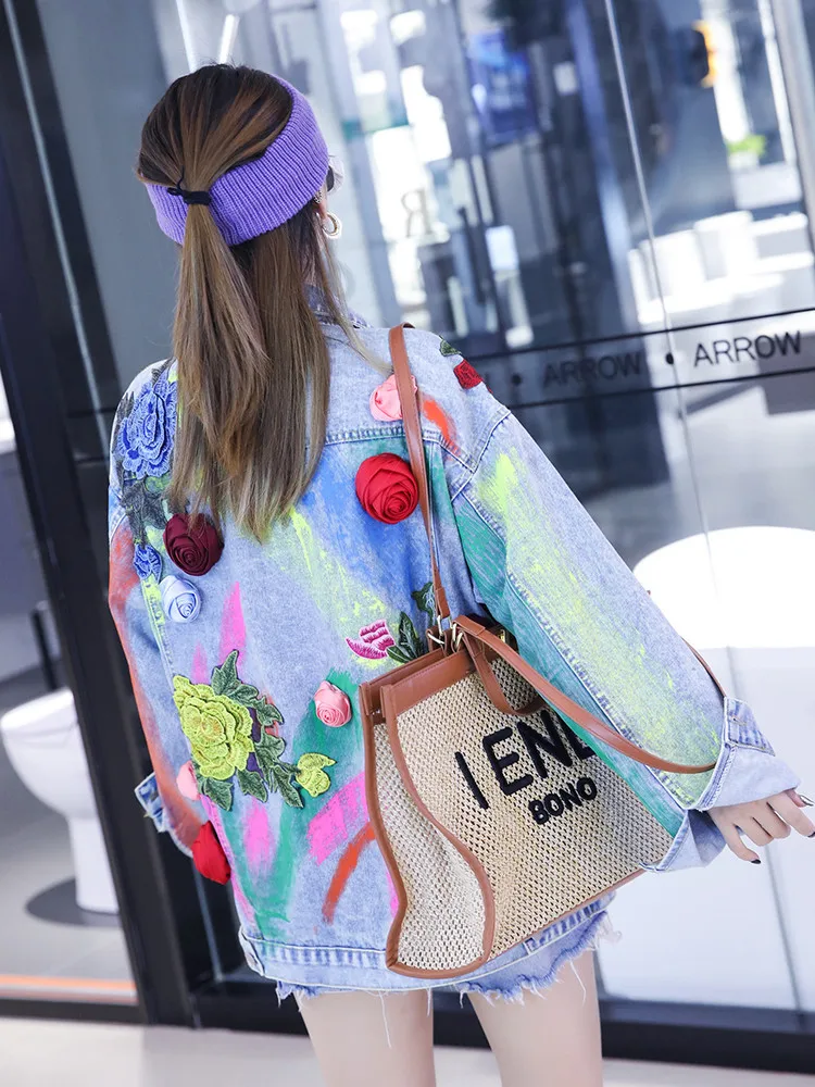 

Spring Embroidery Color Three-Dimensional Rose Hand Painted Denim Coats Fashion Polo Collar Graffiti Jean Jackets Female 2022