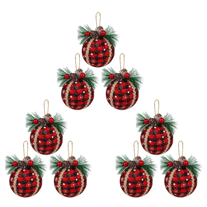 

New-Christmas Lattice Ball Ornaments, Black And Red Buffalo With Pine Cones And Green Belt, Christmas Tree Ornaments (9 PCS)