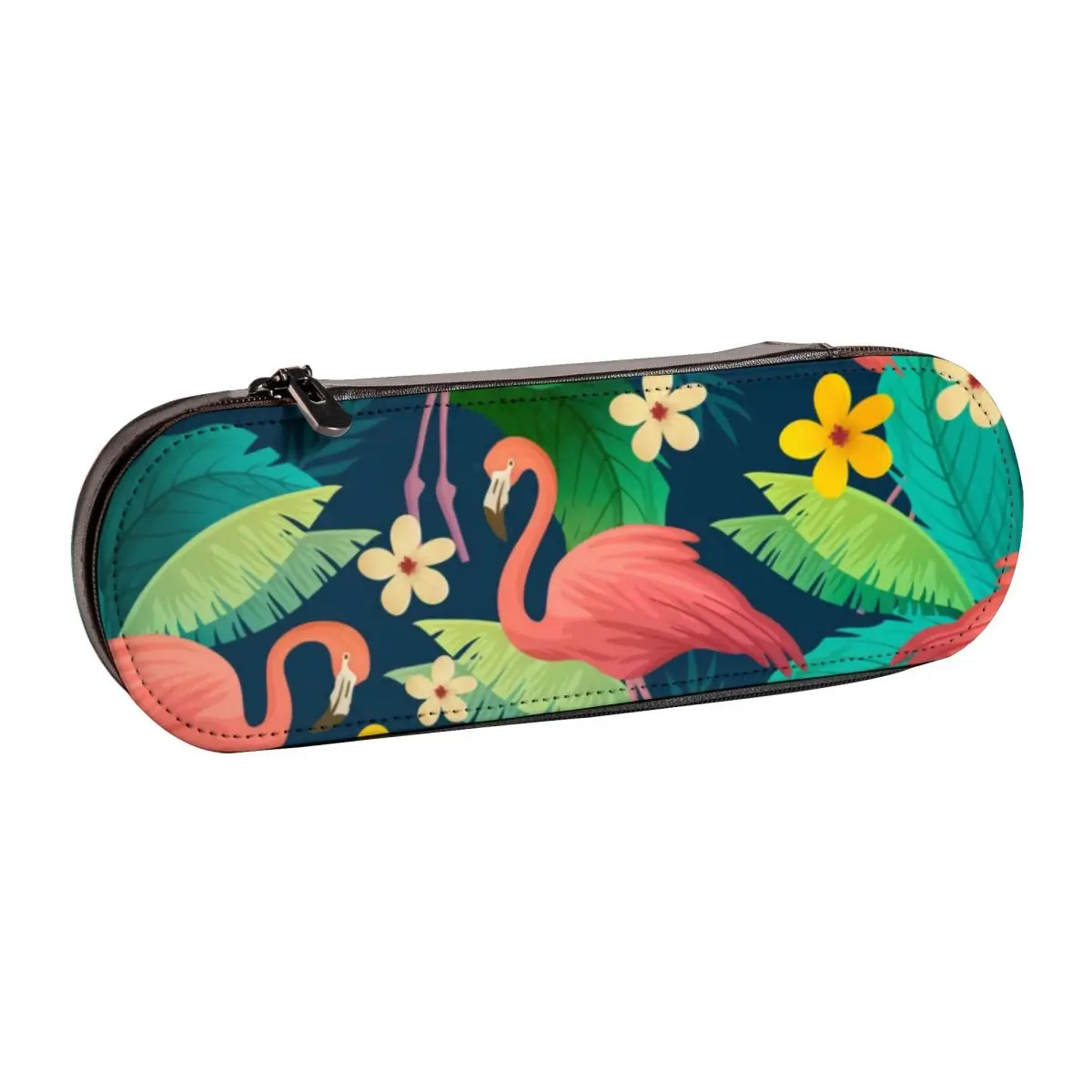 

Tropical Flamingo Pencil Case Green Leaves Print Fashion Zipper Leather Pencil Box Back to School For Teens Zipped Pen Pouch