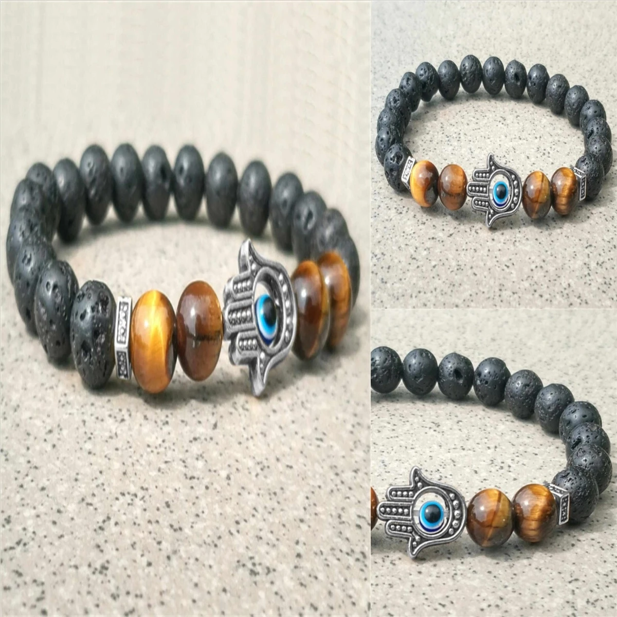 Серебристый браслет с вулканическими камнями в виде тигра 8 мм эластичный модный