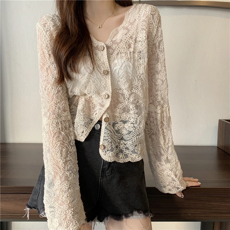 

Boho Style White Lace Cardigan Women Summer Button Thin Blouse Sweet Translucent Beach Holiday Fairy Sun Protection Clothing Top