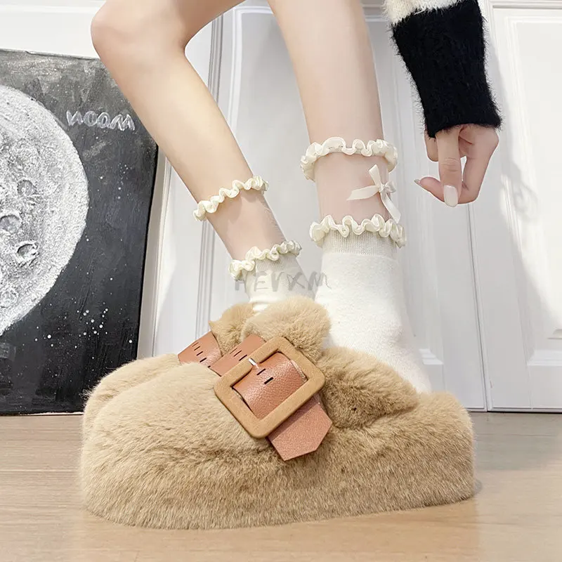 Winter Flats Women Slippers Fur Luxury Buckle Platform Mules Shoes Warm Short Plush Cotton Flip-flops 2023 New Snow Women Boots